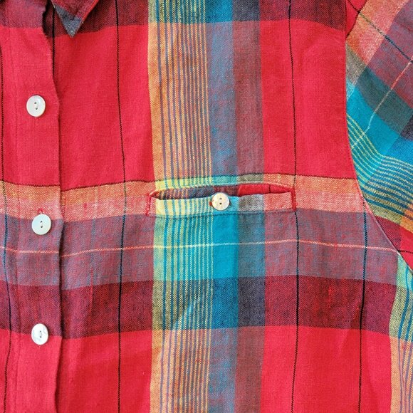 Chico's 100% Linen Red Plaid Long Over-sized Button Front Shirt Size L NWOT NEW - Picture 3 of 9